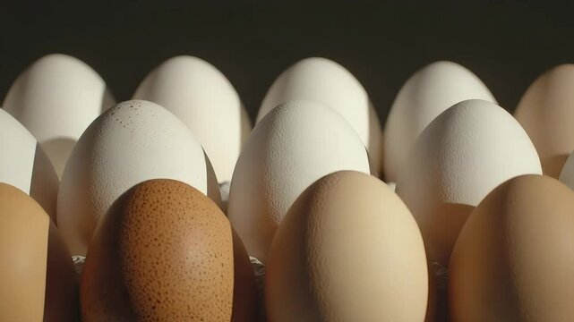Close-up shot of assorted eggs in a carton, showcasing textures and subtle light variations.  The image evokes a sense of natural simplicity and abundance.