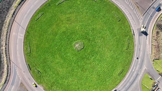 Aerial view of vehicles on Larne Harbour Roundabout A8 Larne road Ballymena road, Belfast road, Northern Ireland 
