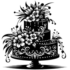 Elegant floral wedding cake design in black and white, on a transparent background, for wedding themes, for invitations, postcards, posters, T-shirts   