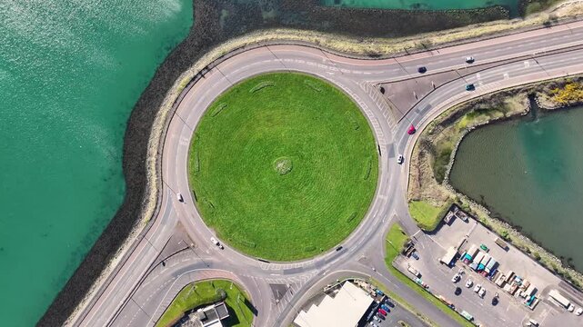 Aerial view of vehicles on Larne Harbour Roundabout A8 Larne road Ballymena road, Belfast road, Northern Ireland 