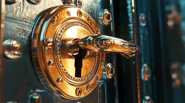 Close-up of an ornate golden lock on a metallic door with intricate details and textures
