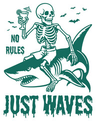 A skeleton sits on a shark and is drinking Vodka Martini. Retro memes.
