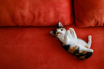 A playful calico cat lying on its back, with white fur and green eyes, playing in the living room of an apartment on a red sofa