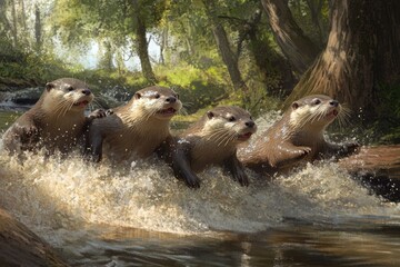 Fototapeta premium Four otters playfully frolic in a sun-dappled forest stream, splashing water.