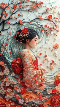 Cherry Blossoms Woman Girl in Kimono Paper Cut Phone Wallpaper Background Illustration	