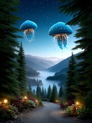 Mystical landscape with glowing jellyfish above serene valley and lush evergreen trees at night