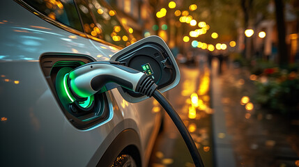
Electric car is charging in the garage at home, a person is charging the car with a charging gun, a complete person, real shot.