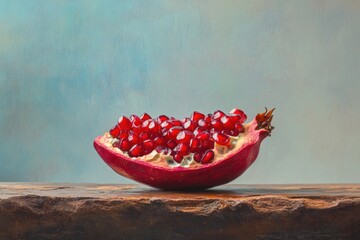 A vibrant half-pomegranate showcasing its jewel-toned arils rests on rustic wood.