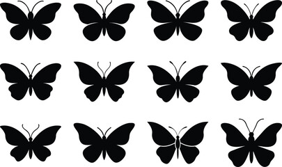 Flying Butterflies Black Icon Clipart Set  isolated On White Background