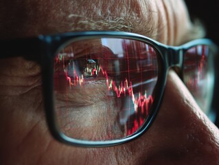 Rising stock chart reflected in glasses business office closeup image professional environment eye-level view high fidelity concept