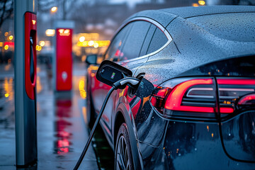 
Electric car is charging in the garage at home, a person is charging the car with a charging gun, a complete person, real shot.