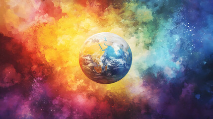 A vibrant digital painting featuring Earth amidst a colorful, nebulous backdrop