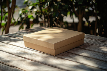 Mockup of a Kraft Box with Soft Shadows &ndash; Commercial Photo on Wood, Ideal for Product Photography