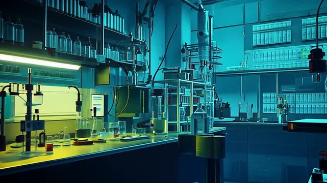 Futuristic science laboratory interior with advanced research equipment and illumination