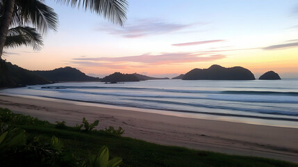 Serene Sunrise Over Tropical Coastline with Gentle Waves and Palm Silhouette