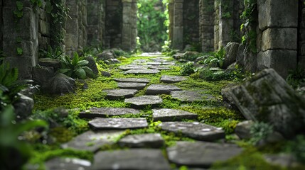 A charming stone path winds through the heart of the park, its surface dotted with moss and fallen leaves.