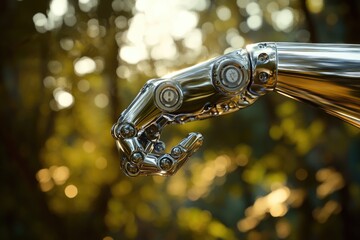 A gleaming metallic robotic hand reaches out against a bokeh background of sunlit trees.