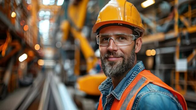 A confident engineer, clad in safety gear, beams with pride amidst an industrial setting, showcasing skill, expertise, and the heart of production.