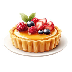 A delectable fruit tart topped with an assortment of fresh strawberries, blueberries, and raspberries, resting on a white plate.