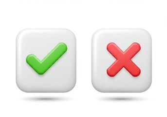 A green check mark and a red x mark on white square buttons isolated on a white background design concept