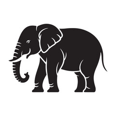 A large wild elephant, a gray mammal with a trunk and tusks is isolated as a vector silhouette on white background