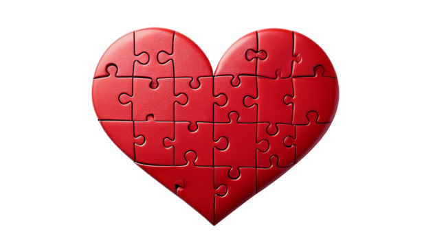 Love & Connection, a red heart made of puzzle pieces, isolated on a transparent background - Powered by Adobe