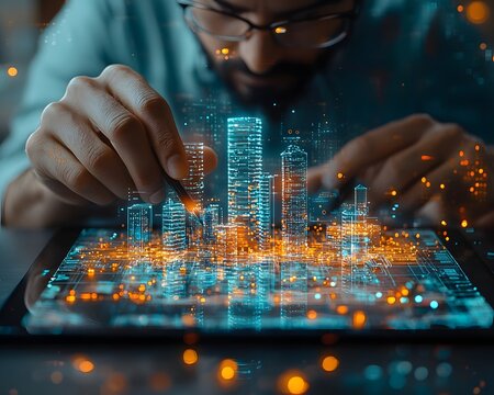 Futuristic cityscape blueprint sketched on a digital tablet