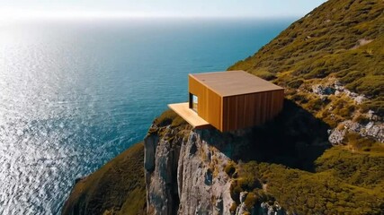 Wooden modern cottage with sea view on the edge of the cliff in a bright sunlight
