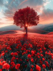 A tree in the middle of a poppy field with a sunset sky background