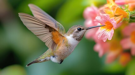 Fototapeta premium Hummingbird Feeding on Vibrant Blossoms