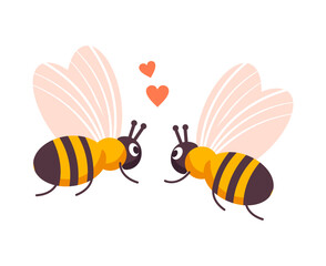 Cute cartoon bees and hearts vector illustration isolated on white background. Bee friends or family. Couple of bee in love. Happy World Bee Day. Adorable lovely flying insect characters.