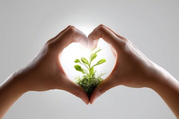 Hands forming heart shape around a small plant with bright light shining through, white background, symbolic eco love concept