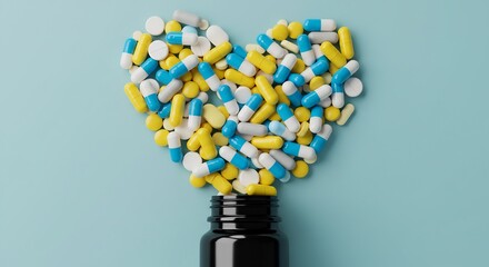 Heart-Shaped Pile of Colorful Pills and Capsules Spilling from a Black Bottle on a Light Blue Background - Pharmacy, Medicine, Healthcare Concept