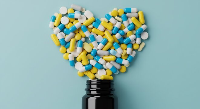 Heart-Shaped Pile of Colorful Pills and Capsules Spilling from a Black Bottle on a Light Blue Background - Pharmacy, Medicine, Healthcare Concept