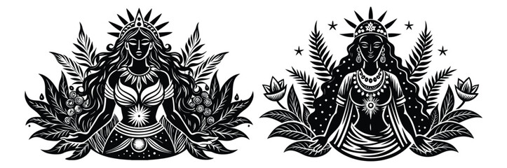 Tribal goddess mother figure with nature elements surrounding her

