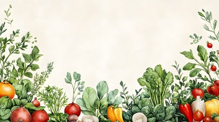 A vibrant watercolor illustration showcases an assortment of fresh vegetables herbs and fruits arranged elegantly on a beige background.