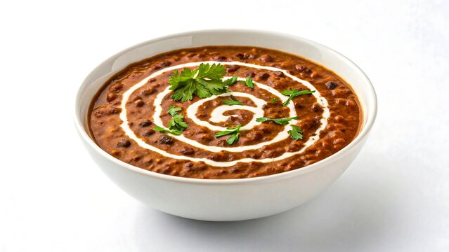 Indian dal makhani in white bowl garnished with cream and coriander isolated on white background

