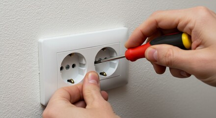 Close-up of Hands Using a Screwdriver to Repair or Install a Double Electrical Outlet on a White Wall
