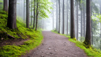 Obraz premium Enigmatic pathway through lush forest scenery with dense fog atmosphere