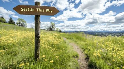 Obraz premium Signpost in a vibrant field directs towards Seattle on a picturesque trail