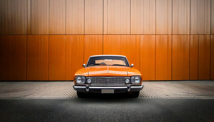 Classic Orange Automobile: A vintage car, bathed in warm light, radiates timeless elegance and power, parked against an orange wall, epitomizing classic automotive design.