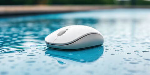 Wireless mouse floating on wet pool deck macro shot glistening water drops sunny day