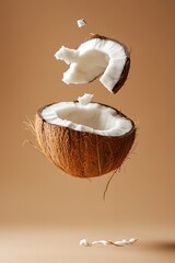 A floating coconut with the top cut off and white pith spilling out of it, against a solid light brown background, product photography