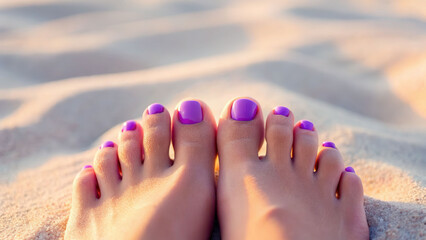 Naklejka premium Relaxing beach scene with purple toenails in soft sunlight sandy shore closeup view serenity concept