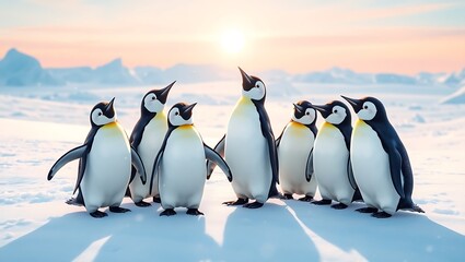 Obraz premium emperor penguin group antarctic landscape sunrise ice snow wildlife animal family togetherness polar nature