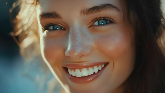 woman with beautiful bright black eyes with shining blue shadows, beige lipstick and expressive eyebrows, pitted look of colored paper, fashion, beauty, make-up, cosmetics, salon style
