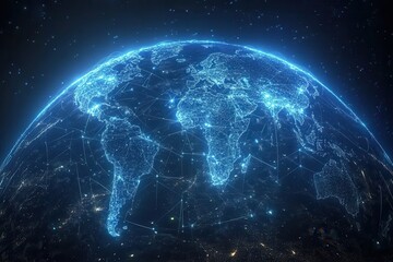 Obraz premium Blue digital world map with connected dots over a dark, starry space. Use this for global communication, technology or futuristic themes.