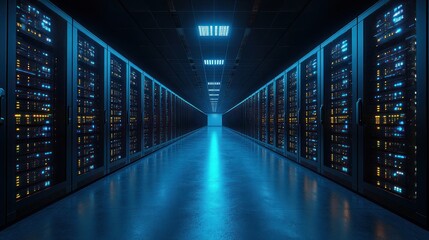 Fototapeta premium Cybersecurity Data Center: Illuminated Server Racks in a Modern Data Facility
