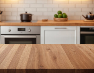 Orange Empty wooden table with the bright white interior minimal of the kitchen as a blurred background behind the bokeh golden sunshine