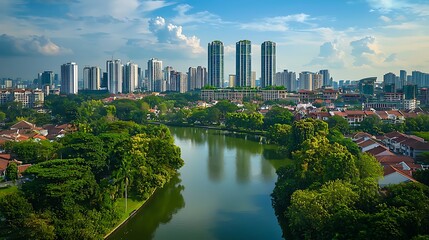 Obraz premium Singapore cityscape reflecting in waterway, contrasting modern architecture and nature
